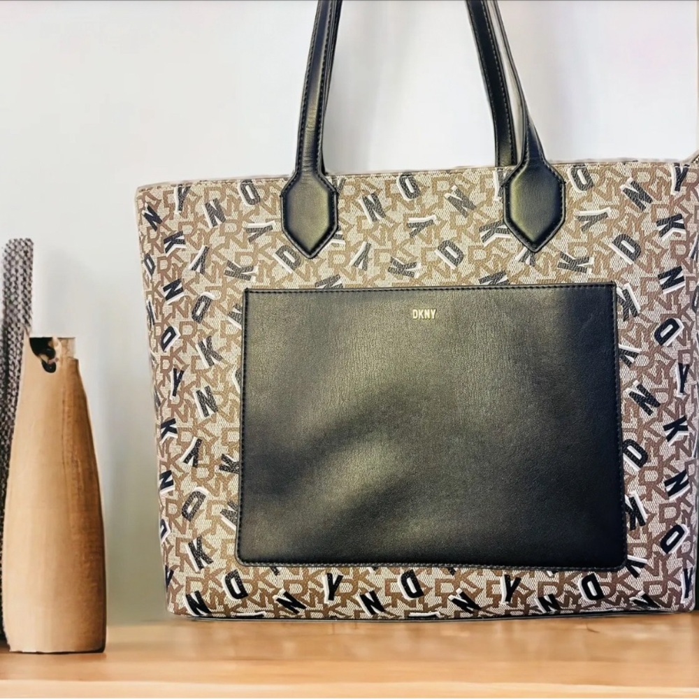 NWT AUTHENTIC DKNY Signature Monogram Brown Black White Large Tote Satchel Bag